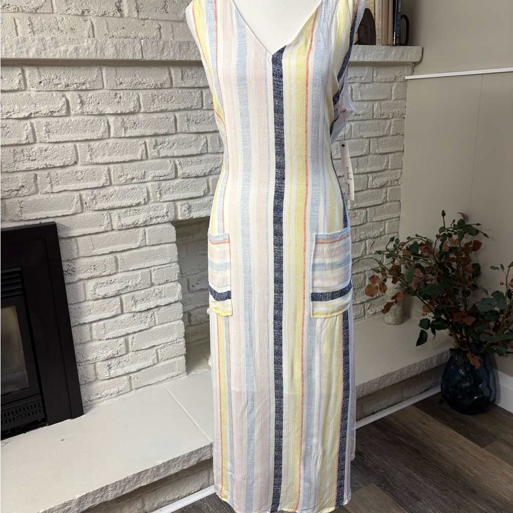 Tribal Marigold Striped Sleeveless Midi Dress with Pockets - Size Small. NWT